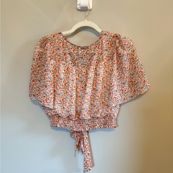 Lush • Cropped Orange Floral Tie Waist with‎ Button Front V Neck Sz Sm Summer - Picture 6 of 10